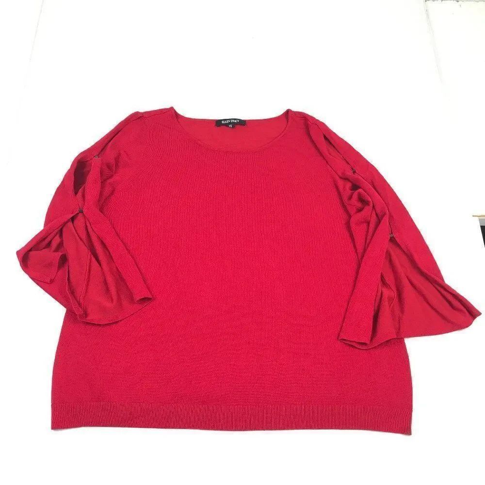 Ellen Tracy Womens Cold Shoulder Sweater Red 3/4 Sleeve Scoop Neck Pullover 1X